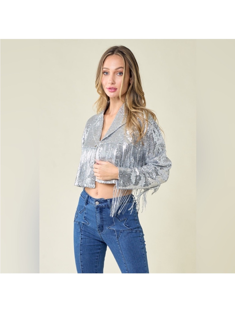 Silver Sequin Fringe Crop Jacket - Women's Party Top - Picture 2 of 7